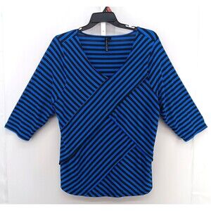 Allie & Rob Blouse Women Size 2X Blue Black Striped 3/4 Sleeve V Neck Casual Top